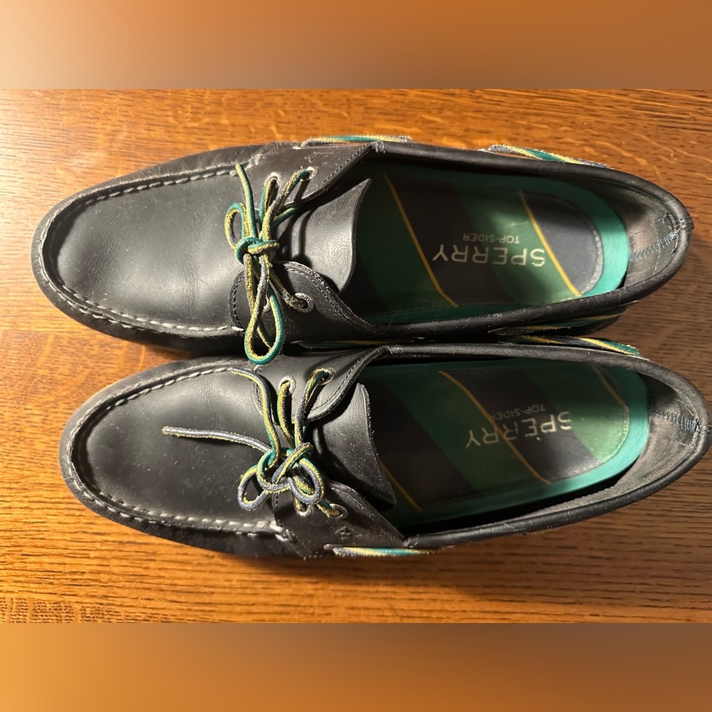 Sperry Topsider~Size 13~Navy Blue Leather~Green~Boat Shoe - Picture 3 of 8